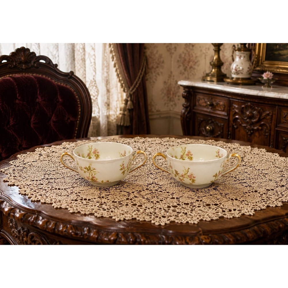 Theodore Haviland - Schleiger Limoges Floral Bouillon/Cream Soup Cups Set of 2